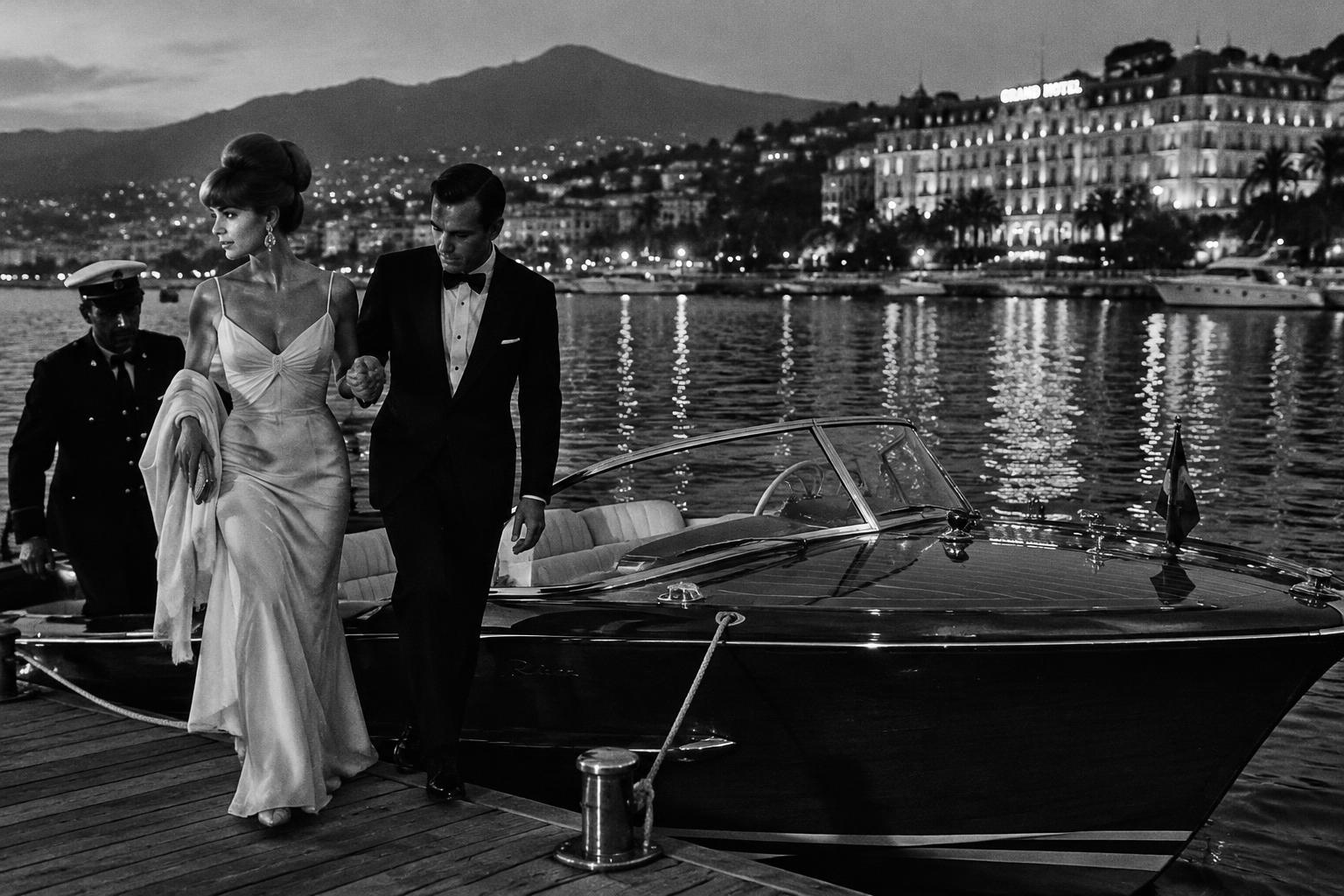 A couple in evening wear stepping from a vintage motor launch at a marina at dusk