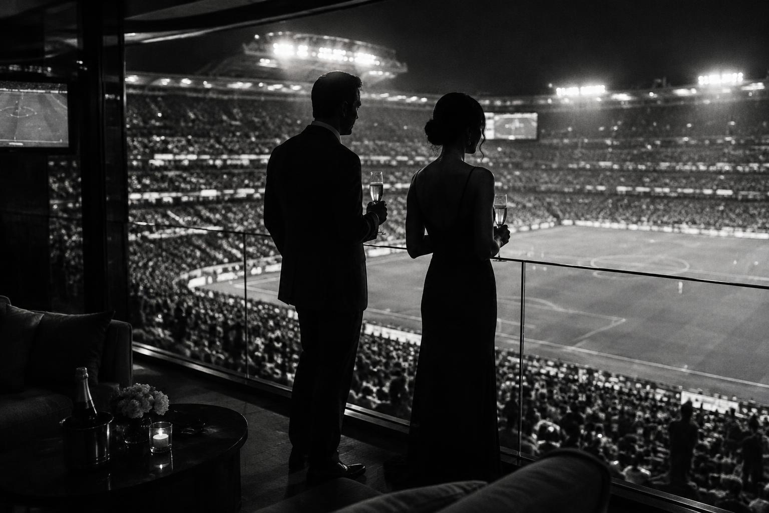 Two silhouetted guests with champagne looking over a floodlit, packed stadium from a private box
