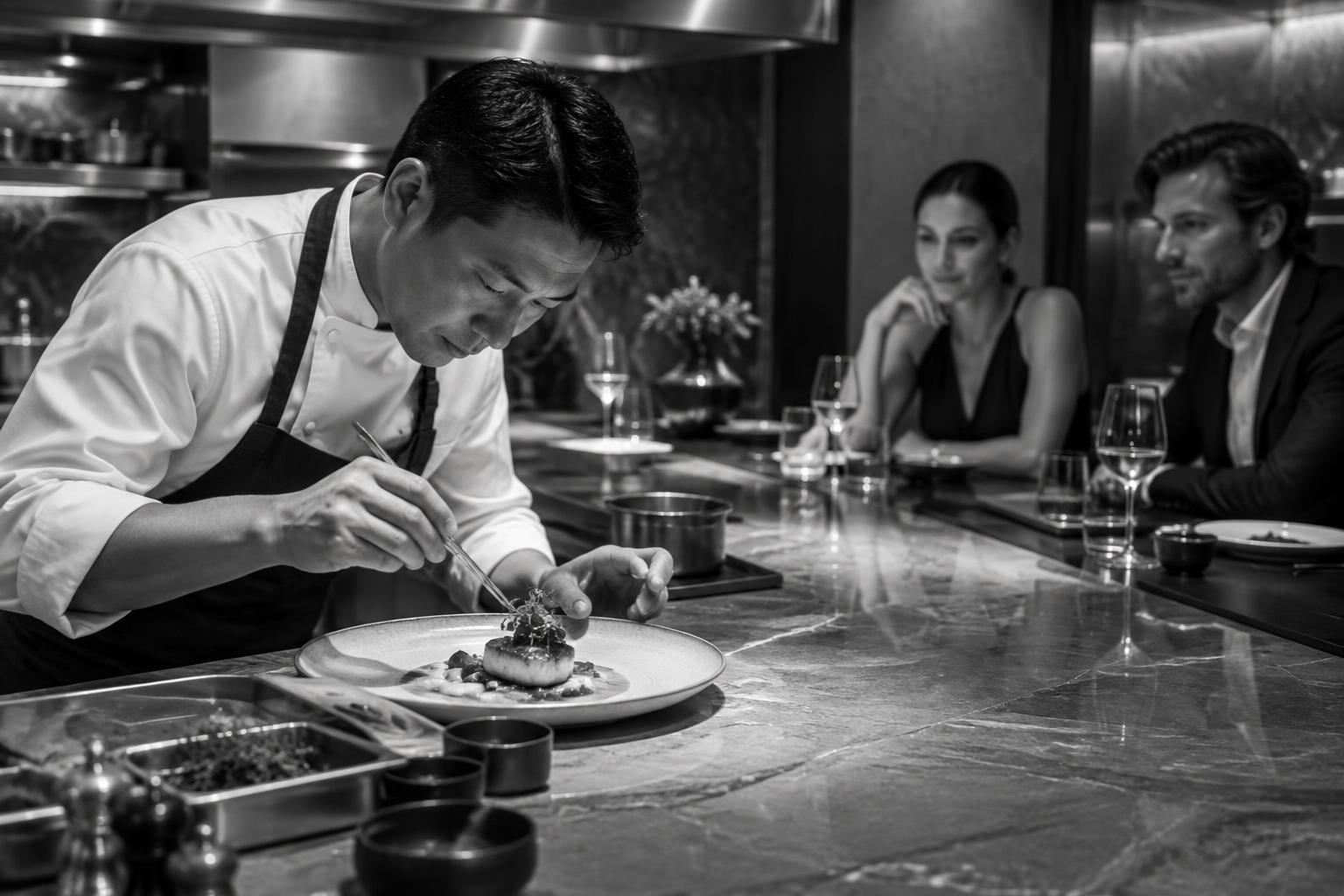 A chef finishing a dish for guests seated at an intimate restaurant counter
