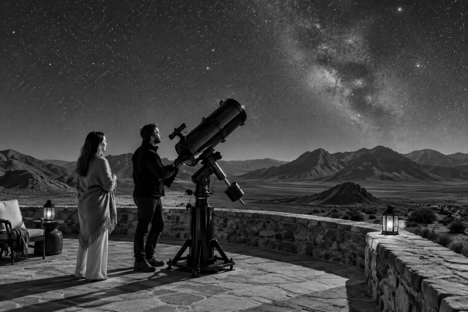 Two people exploring the night sky through a telescope in the desert