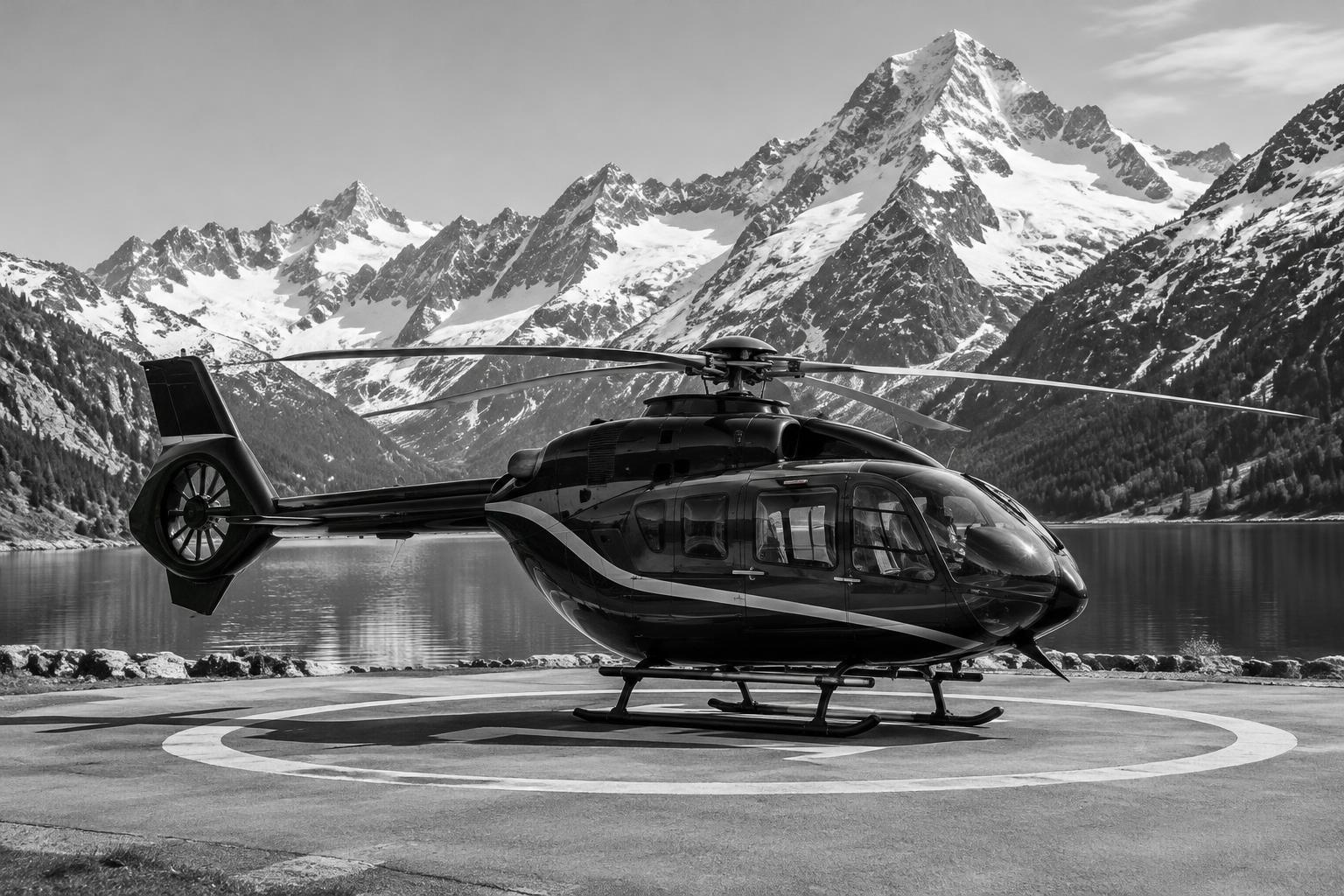 A civilian helicopter beside an alpine lake and snow-covered mountains