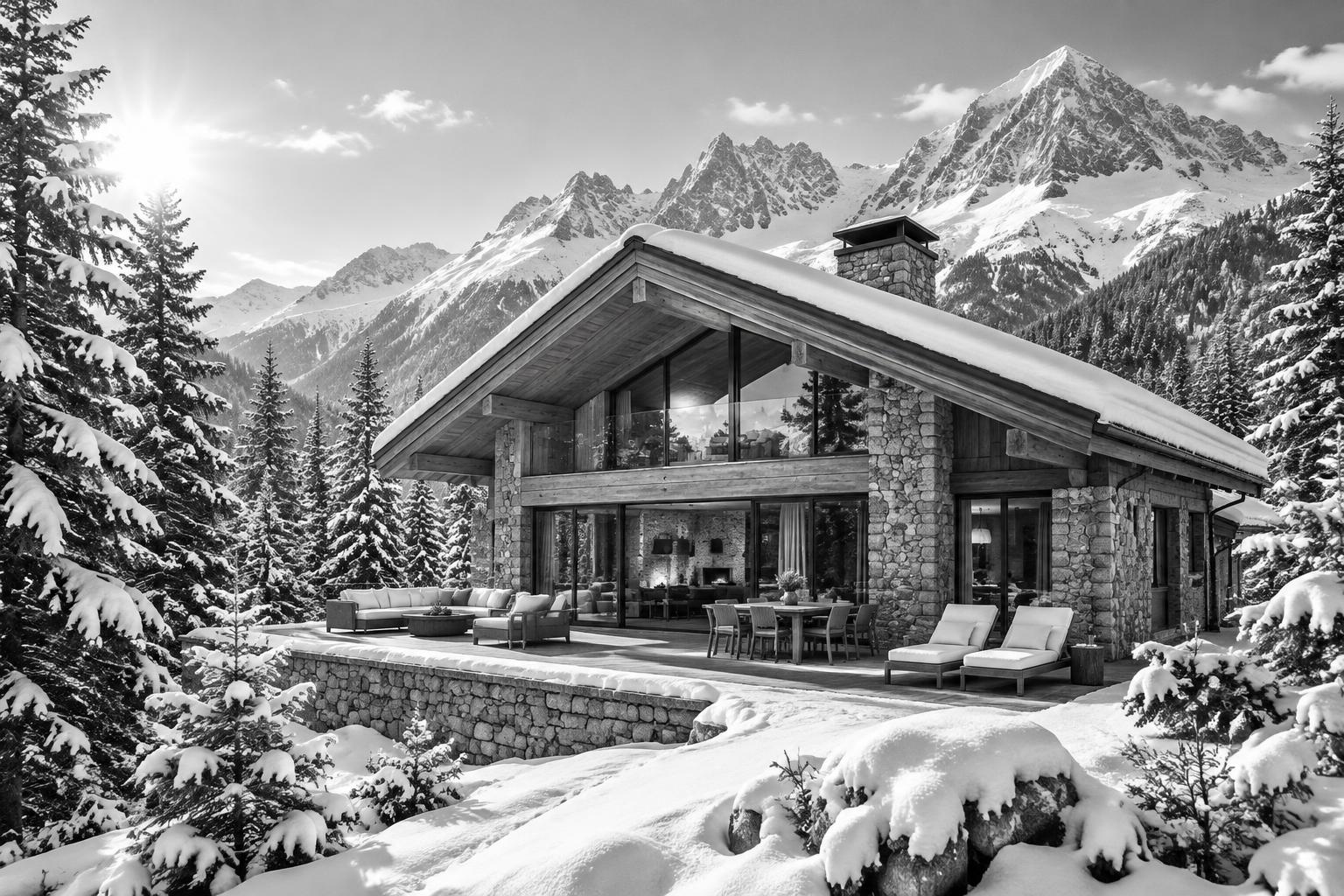 A timber and stone chalet surrounded by snowy alpine forest