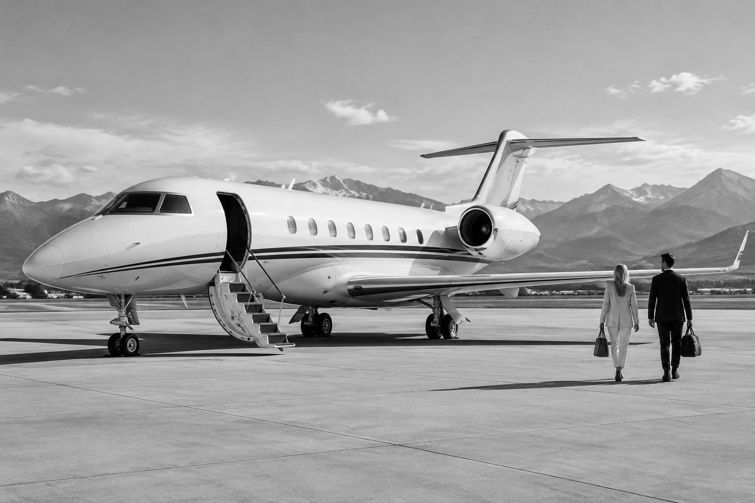 Travellers approaching a private business jet on an alpine apron