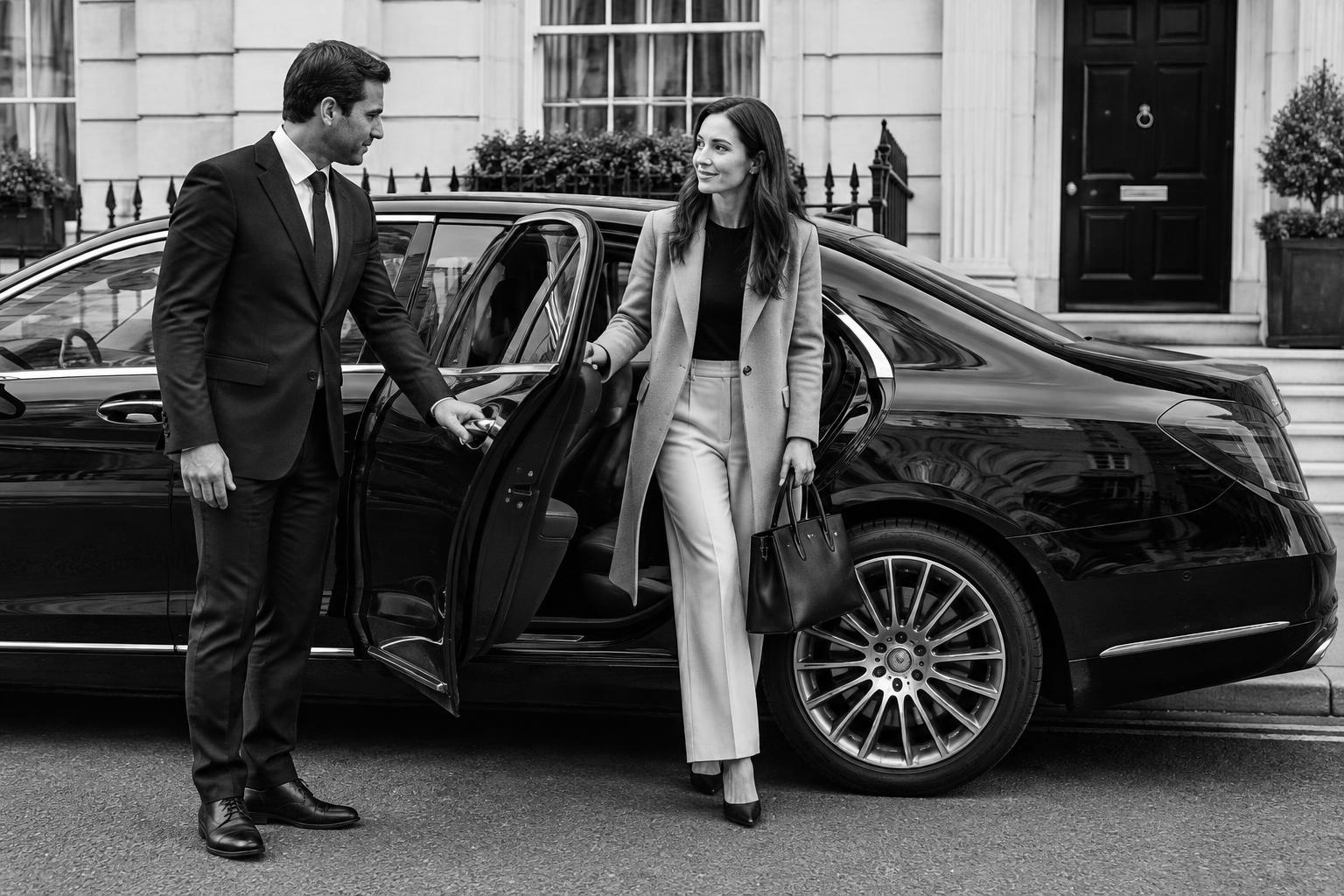 A discreet professional escort beside a traveller and a waiting car in London