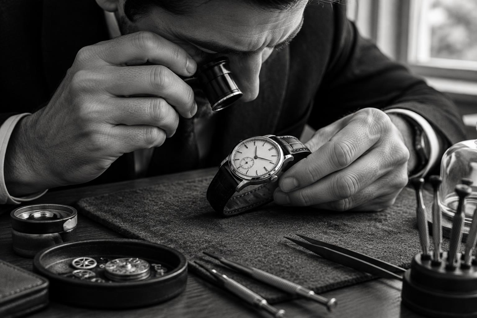 A specialist examining a vintage mechanical wristwatch with a loupe