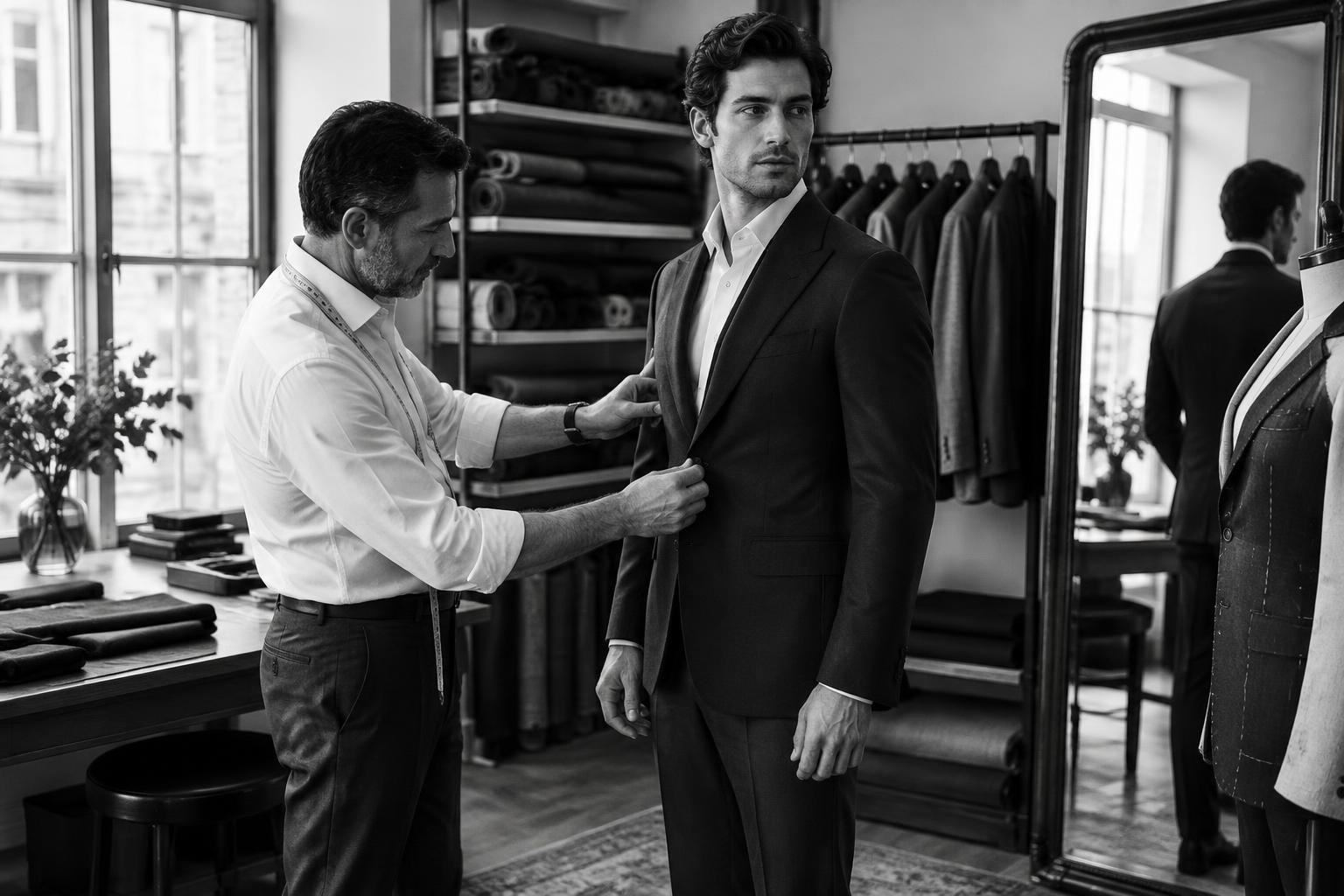 A tailor adjusting a bespoke jacket during a private atelier appointment