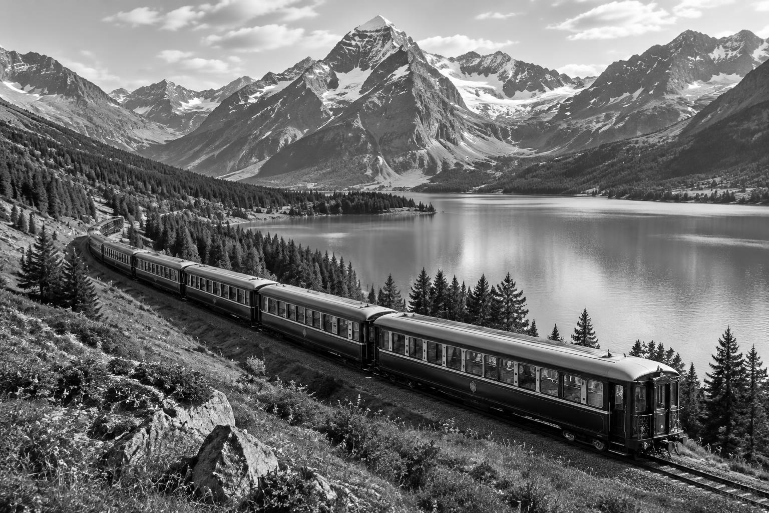 A vintage passenger train winding beside a lake in the Alps