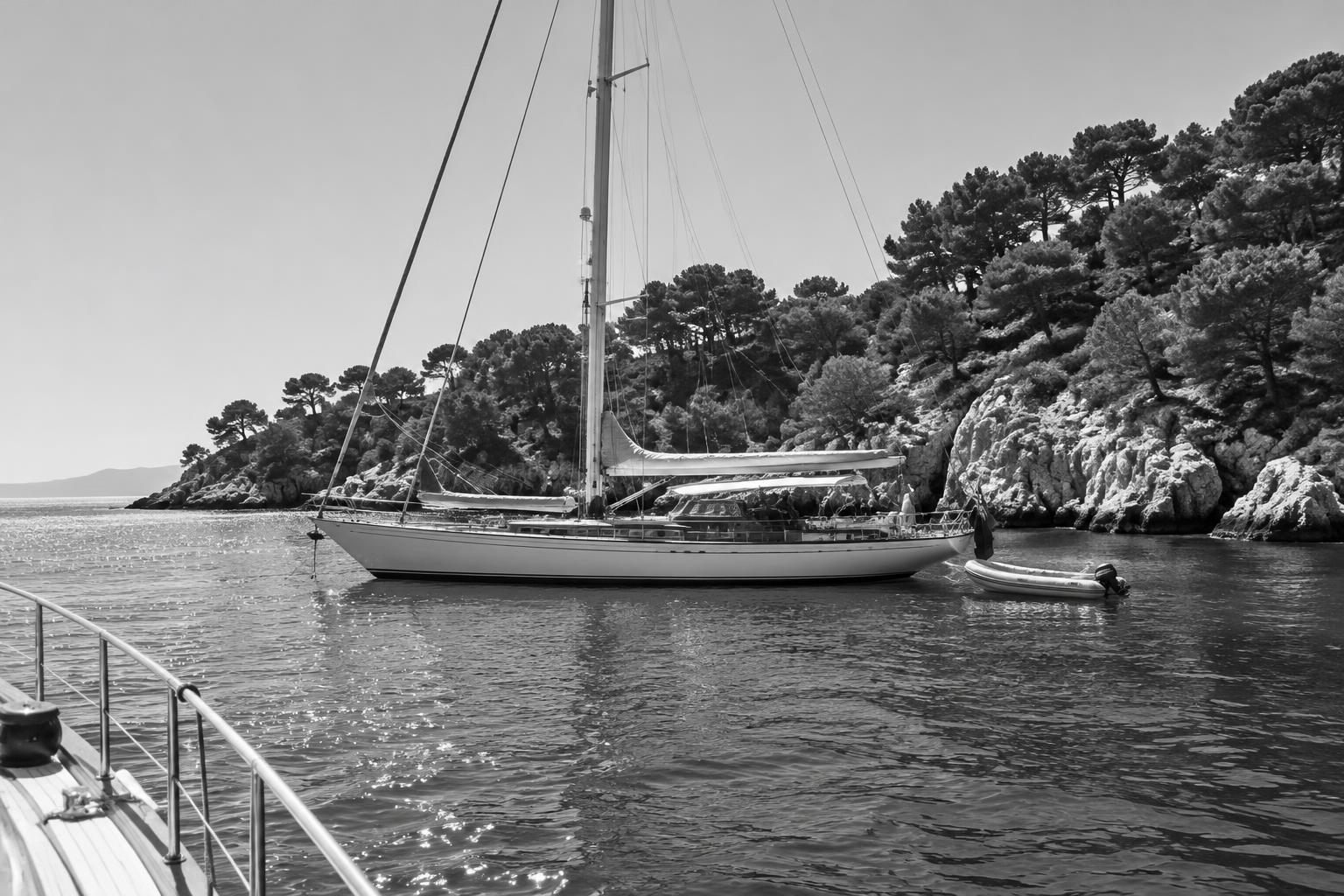 A classic sailing yacht at anchor in a quiet Mediterranean cove